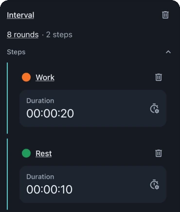 Flextimer round editor showing grouped steps and repeated rounds.