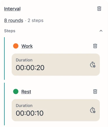 Flextimer round editor showing grouped steps and repeated rounds.